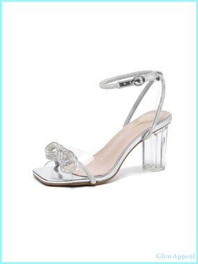 Clear Chunky Block Heel Sandals Rhinestone Bow Ankle Strap Wedding Party